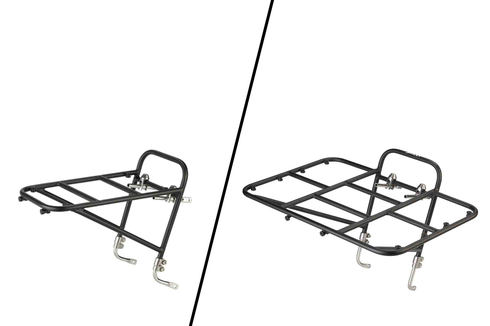 Right angled profile view of Surly 8 and 12 Rat Pack bike gear rack, black, separated with an angled line