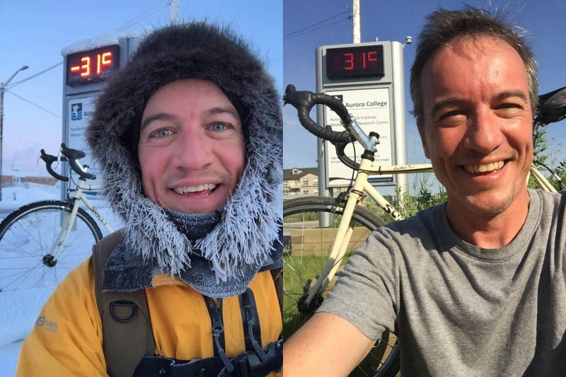 Compare split image Person in winter gear on left and in a t-shirt on right - Surly Steamroller bike in background