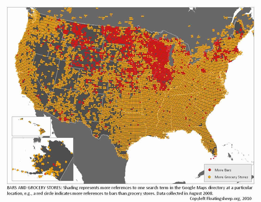 US Map, with red dots indicting more bars than grocery stores, and yellow dots indicating more grocery stores than bars