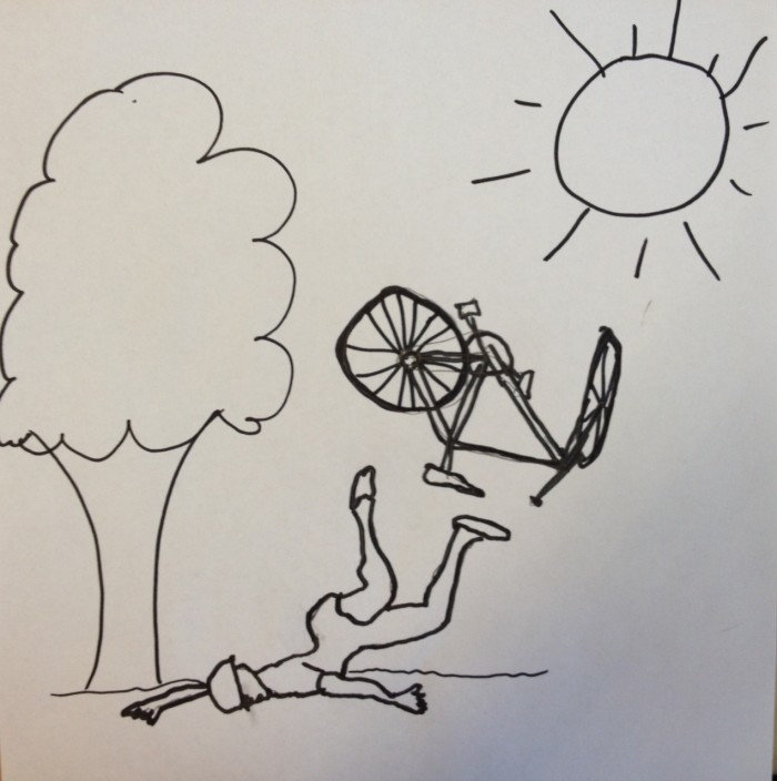 Black marker illustration on white paper, showing a cyclist crashing