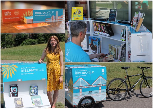 A four image collage of Bibliocycle workers, advertising material and a Surly bike pulling a trailer