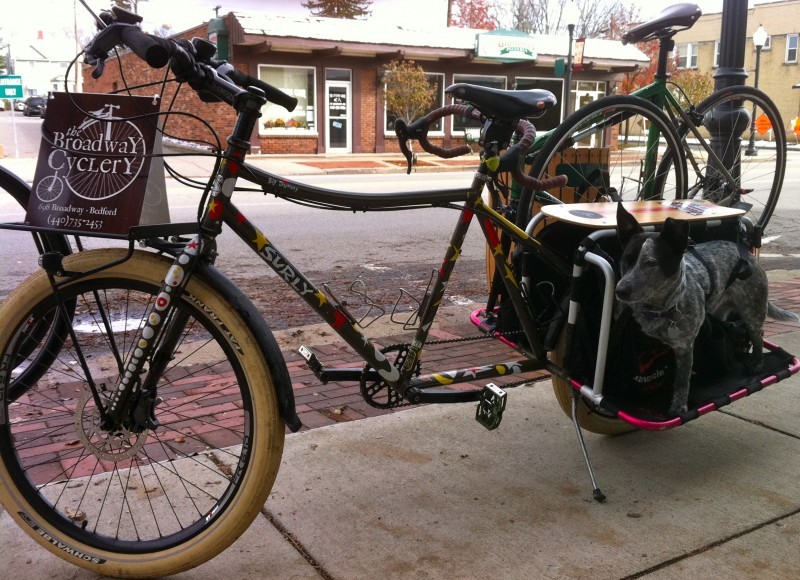 Left side view of a Surly Big Dummy bike, with another bike packed on the back rack, parked on a sidewalk