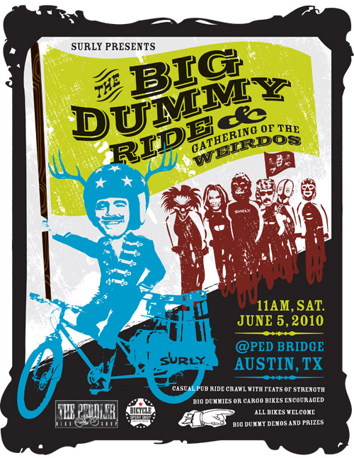 Graphic illustrated poster for the Surly Big Dummy Ride bike event - animated color images and text
