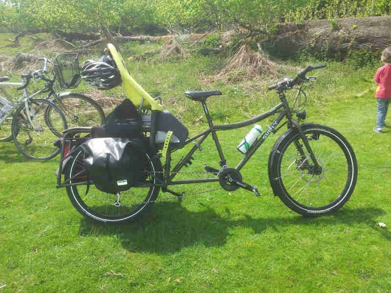 Right side view of a Surly Big Dummy bike with a rear child seat, in a grass field with other bikes behind it