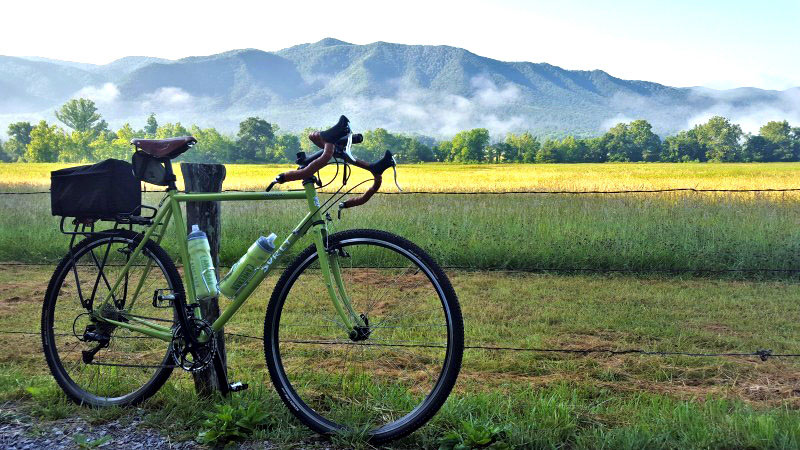 Right side view of a green Surly bike, parked in a grassy field against a fence post, with mountains in the background