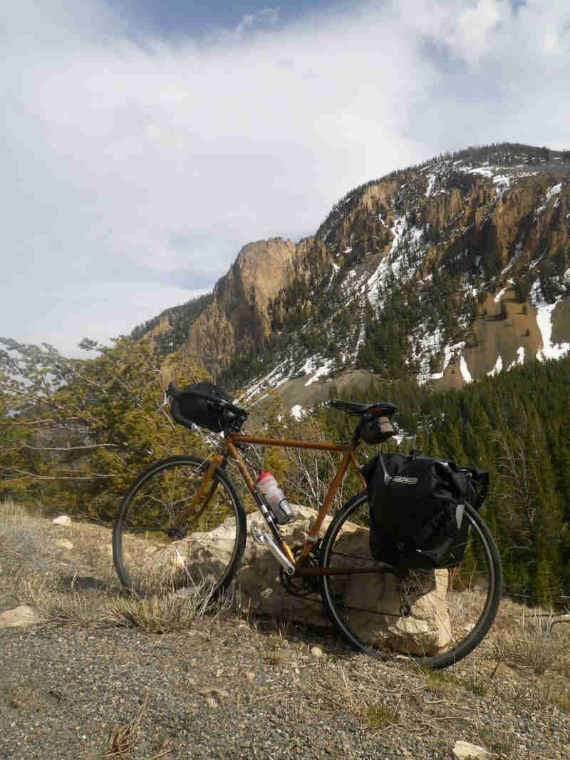 Left side of a brown Surly bike with rear saddlebags, parked on a rocky hill, with trees and mountains in the background