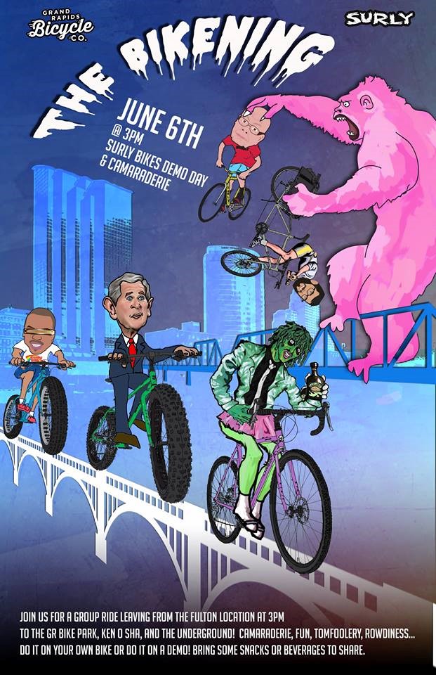 A colored flyer for the Surly, The Bikening, event, showing animated characters riding bikes