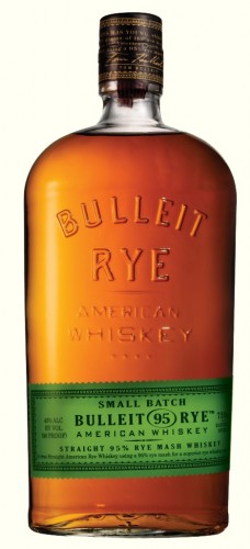 A bottle of Bulleit Rye whiskey - white background - front view