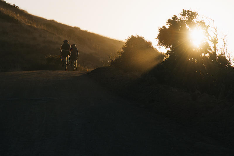 Front view of 2 cyclists riding down a hill on a gravel road with sun shining through a tree on the right side