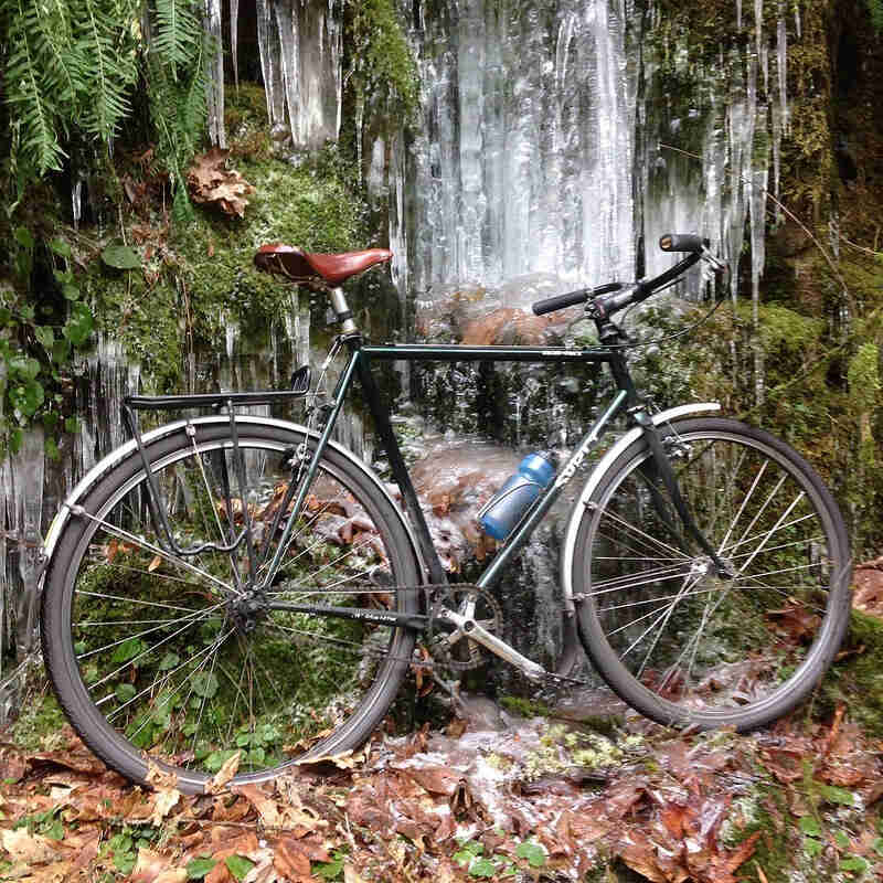 Right side view of a black Surly Cross Check bike, parked on leaves, in front of a cliff wall with icicles & plants
