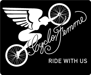 A black & white logo for the Surly Cyclofemme bike event, white graphic and text against a white background