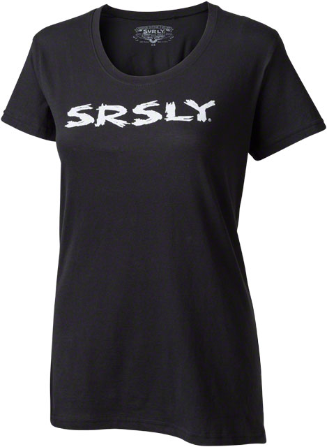 Surly t-shirt - women's - black with white lettering, SRSLY - front view with white background