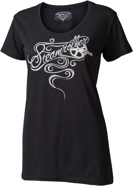 Surly Steamroller t-shirt - women's - black with a white graphics - front view with white background