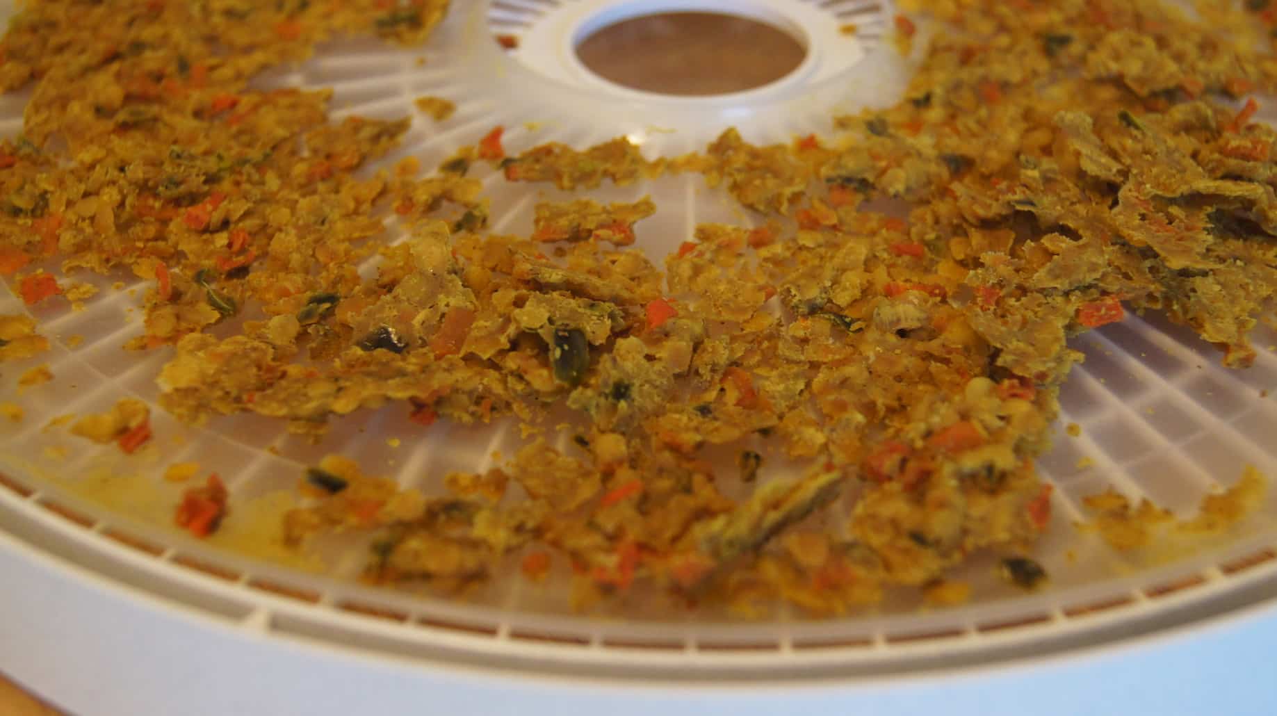 Close up view of mixed ingredients on a food dehydrated disc