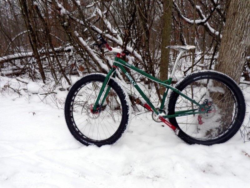 Left side view of a green Surly Krampus bike, leaning against a tree in the snow, with the bare woods behind it