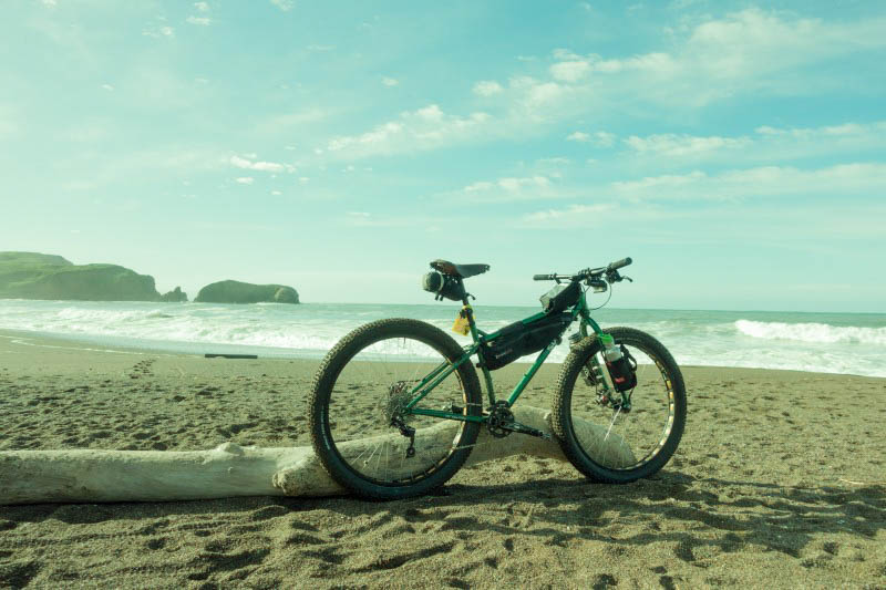 Right side view of a green bike, parked on the beach next to a log, with the ocean in the background