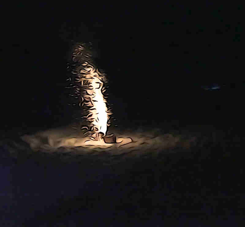 Animated rendering of a campfire, on snow at night