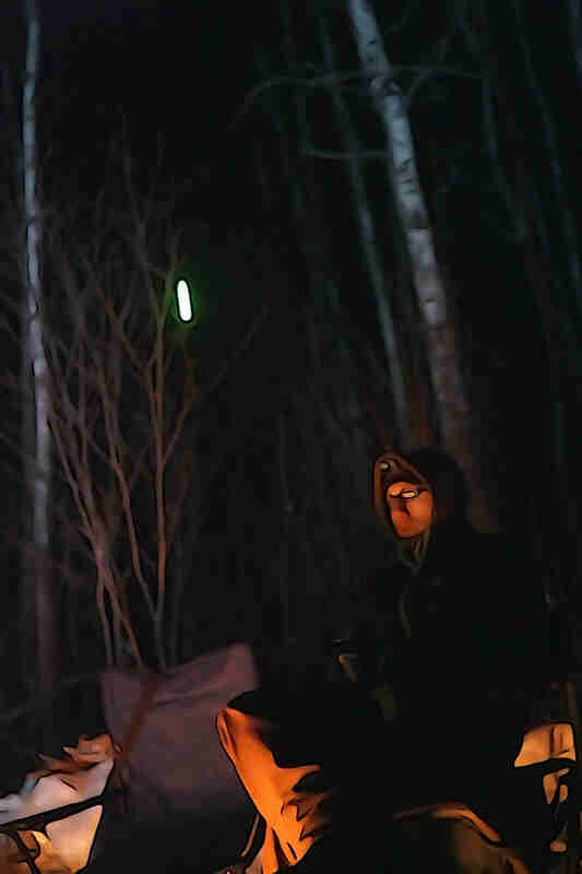 A person dressed in winter outerwear, sitting in a chair with their face lit up from a campfire, in the woods at night