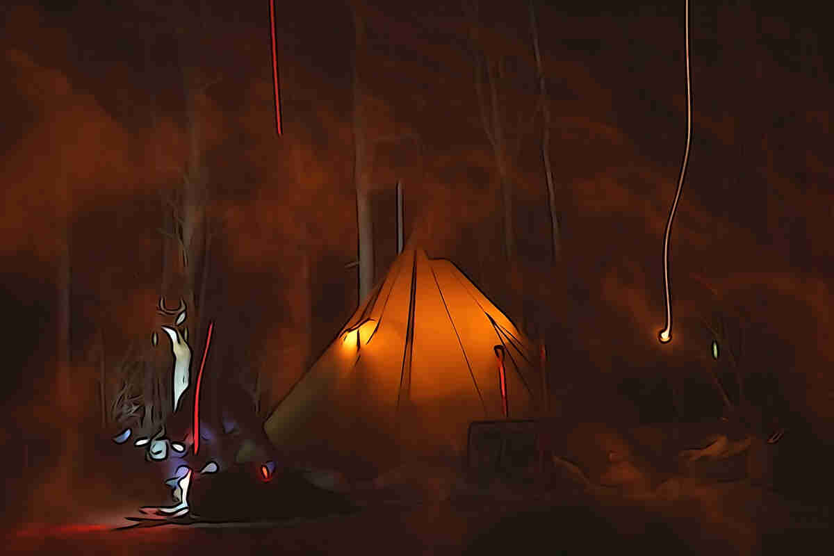 Animated rendering of a teepee lit up from inside, in the woods at night