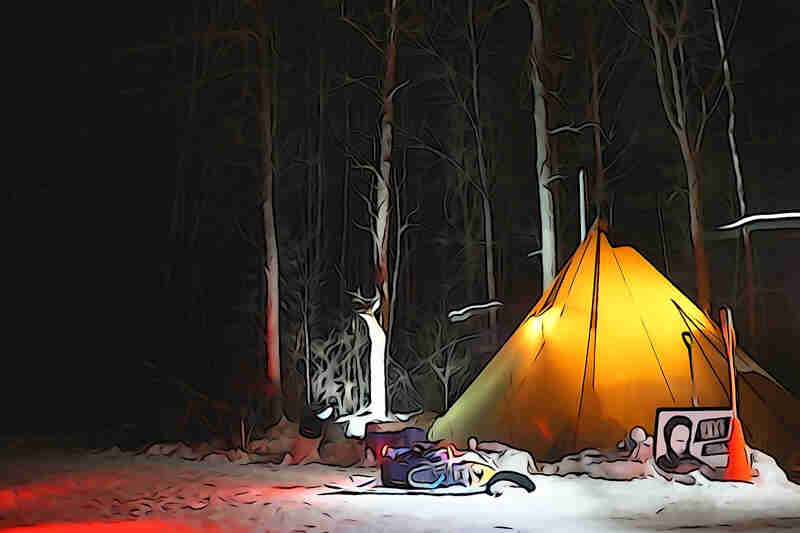 Animated rendering of a teepee lit up with a light inside, on a snowy campsite, in the woods at night