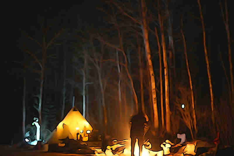 Animated rendering of people sitting at a campfire with a lit up teepee behind, at a campsite in the woods at night