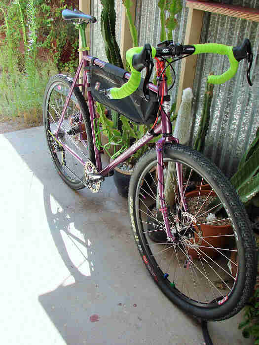 Front right side view of a Surly bike, purple, parked against cacti that are next to a steel sided wall
