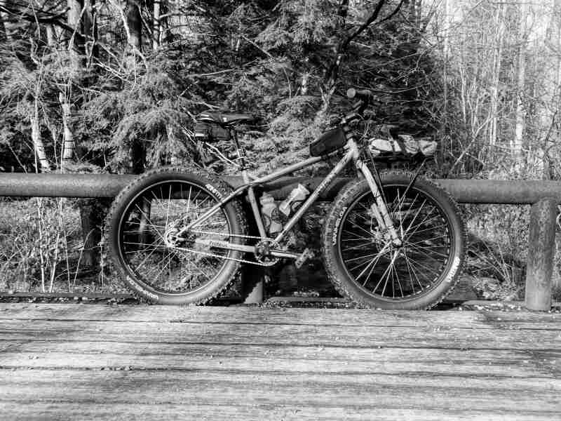 Right side view of a fat bike, parked on a bridge, along the rail, with the forest behind