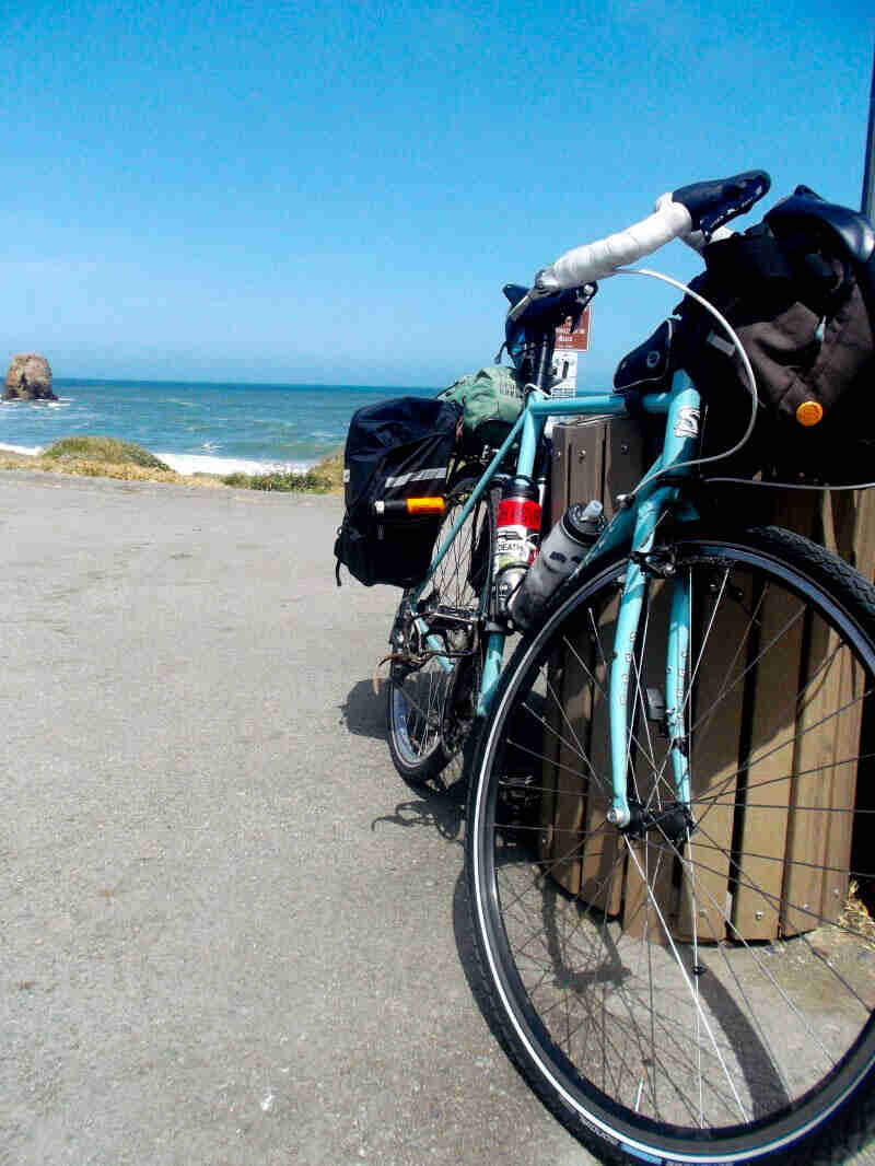 Front view of a mint colored bike, parked on a paved lot, leaning on a trash bin, with the ocean in the background