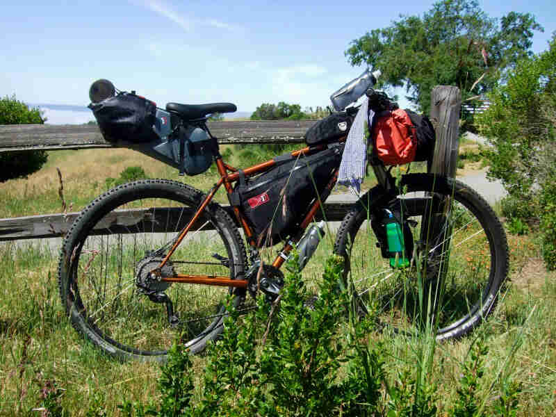 Right side view of a Surly bike with gear, parked in weeds, next to a wood fence, with a grass field in the background