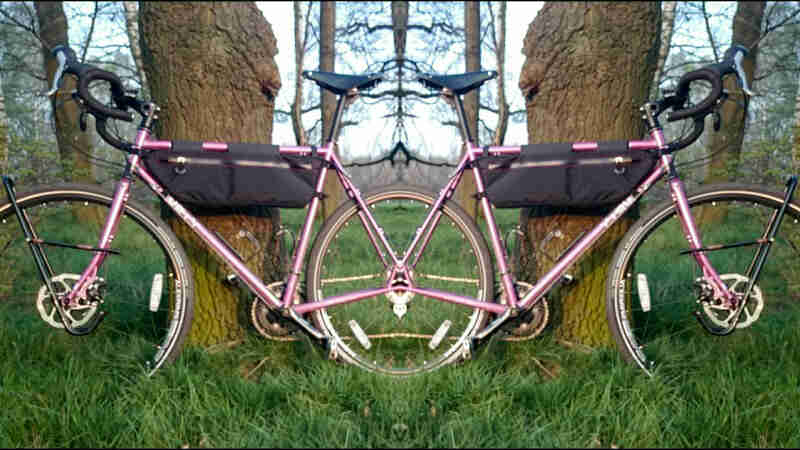 Manipulated image that shows the same pink Surly bike in front of a tree, divided in opposite directions