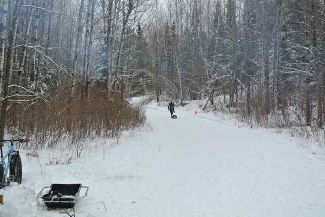 A person, in the distance, walking down a snow covered trail with trees on both sides