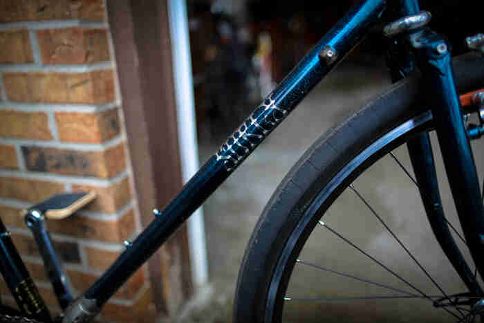 Surly Travelers Check bike - green - downtube detail - right side view