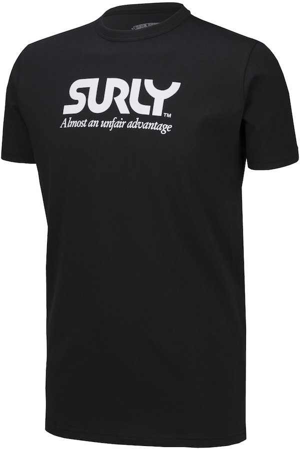 Front view of a Surly T-shirt, black, with the words ' Almost an unfair advantage' 