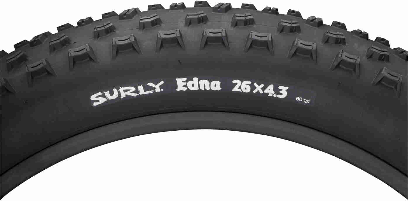 Side view close up of the tread on the top of a Surly Edna 16x4.3 fat bike tire