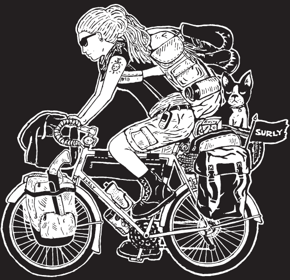 Animated illustration - left side view of a cyclist riding a Surly bike loaded with gear