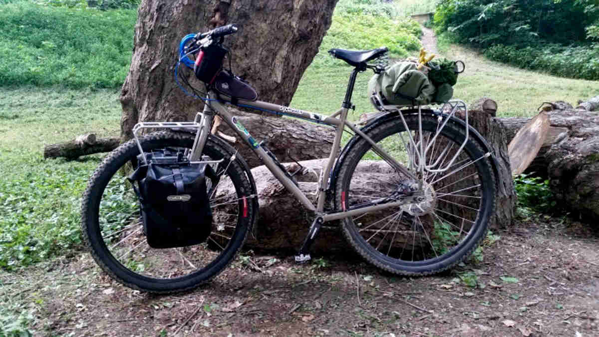 Left side view of a tan Surly Ogre bike with front saddle bags, parked in front of a log, with a grass field behind