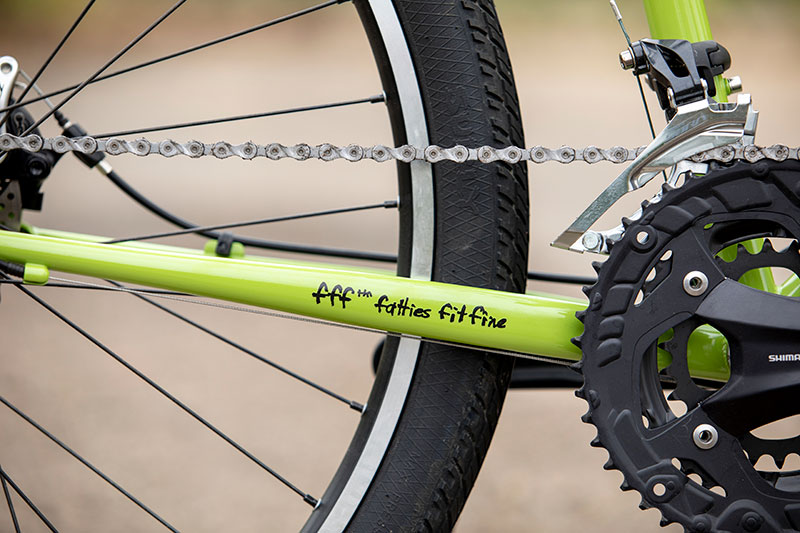 Fatties fit fine decal on chain stay of lime green Surly Disc Trucker complete bike