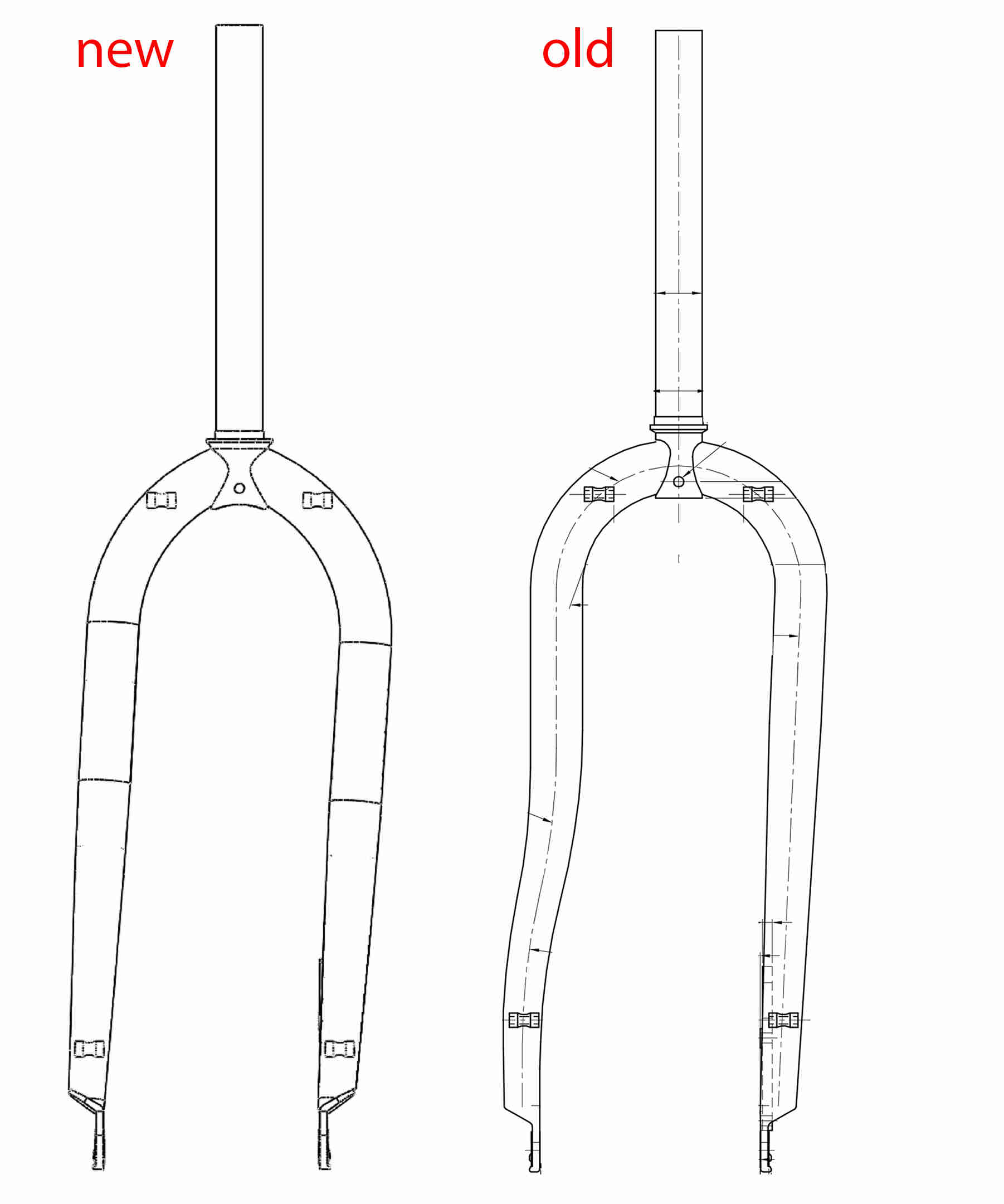 Black and white engineering comparison drawing of the new and old Surly offset forks