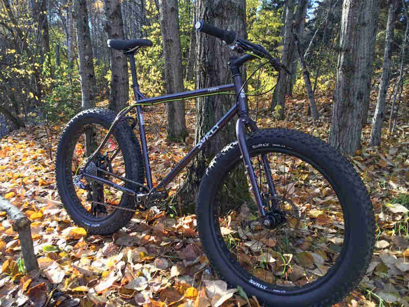 Right side view of a purple Surly Pugsley fat bike parked on leaves in the forest
