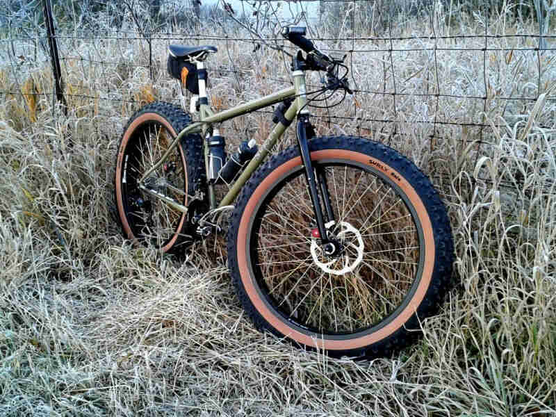 Right side view of an olive green Surly fat bike with gumwall tires, leaning against a wire fence in tall brown grass