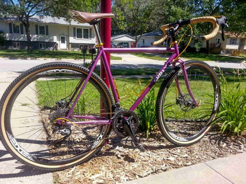 Right side view of a purple Surly bike, leaning on a red pole, with a street and a house in the background