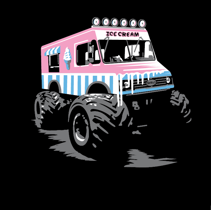 Graphic illustration of an ice cream truck with monster tires, against a black background