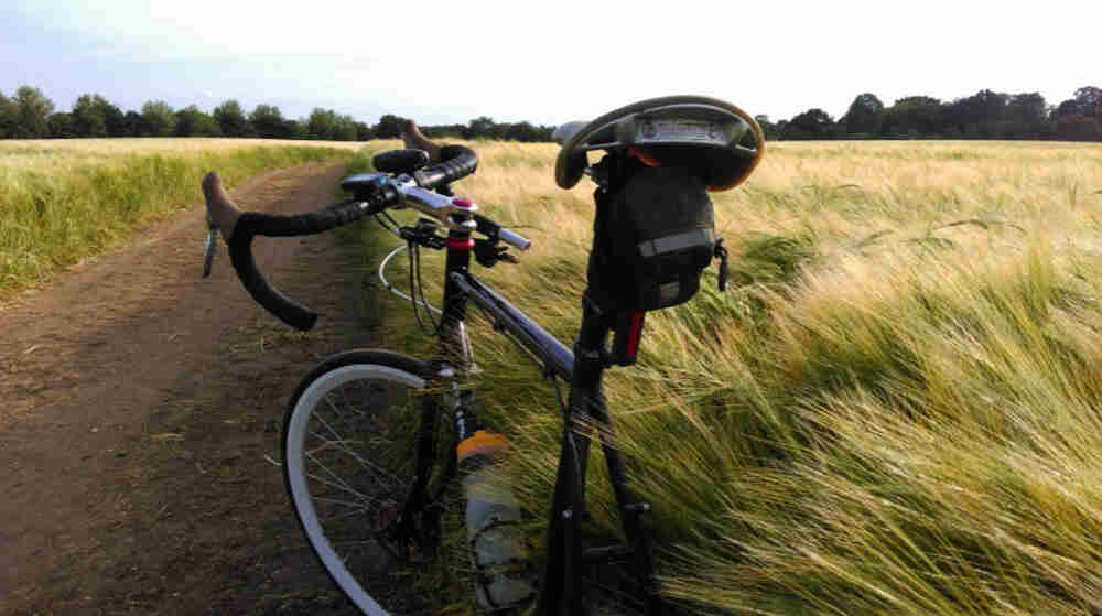 Rear view of a black Surly bike with a seat pack, in a field of tall grass, next to a dirt road