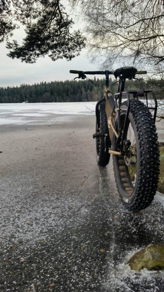 Rear view of a Surly fat bike on the end of a frozen lake, with a pine forest across in the background