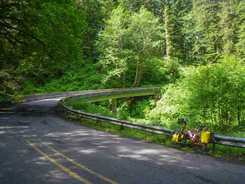 Left side view of an orange bike, parked along a guardrail on the side of a paved forest road
