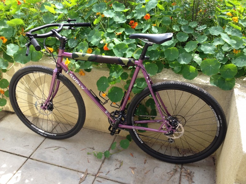 Left side view of a purple Surly bike, parked on a block patio, against a short wall with flowers above it