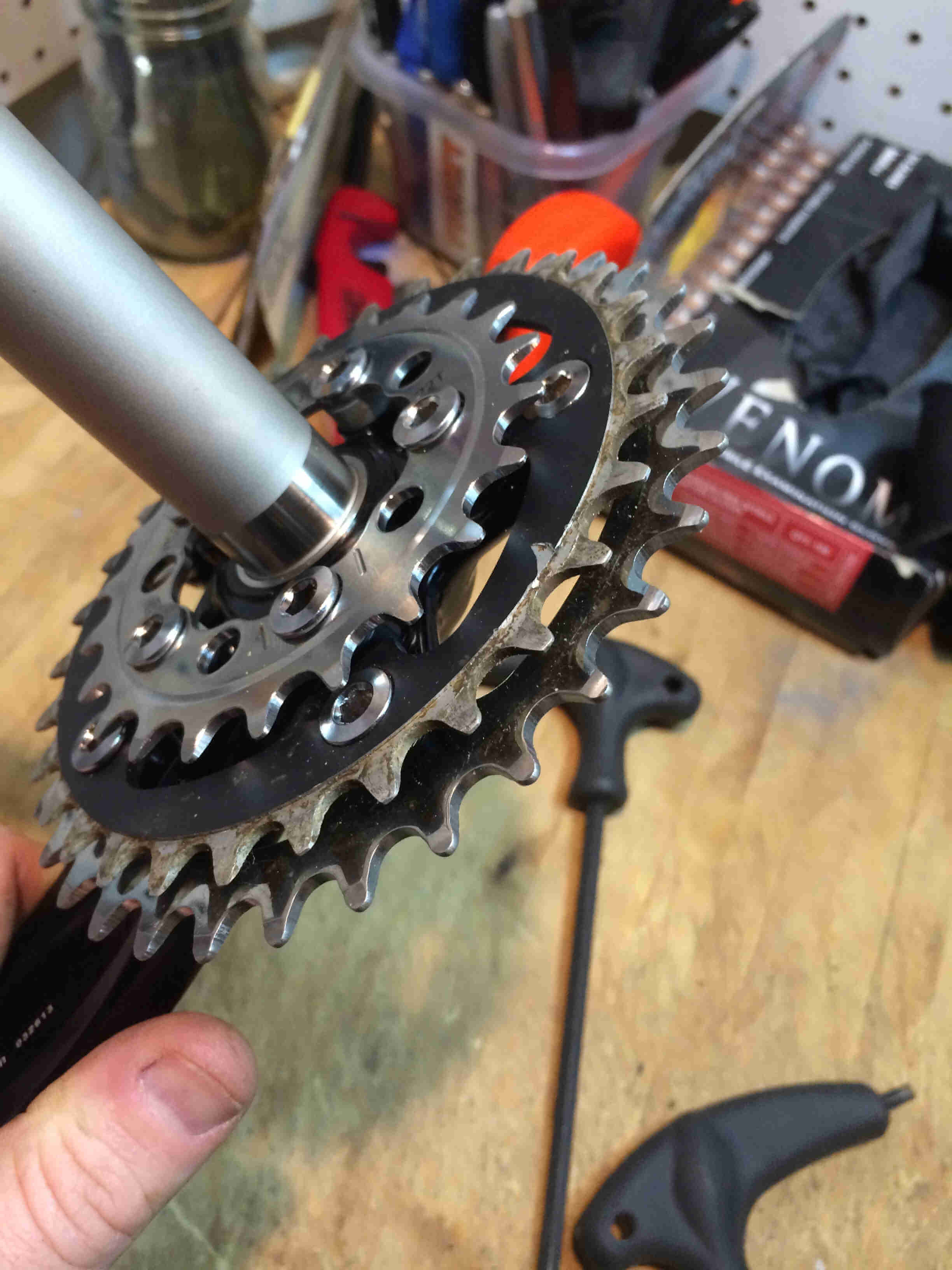 Downward, side view of a Surly Bikes O.D Crankset, showing chainring detail