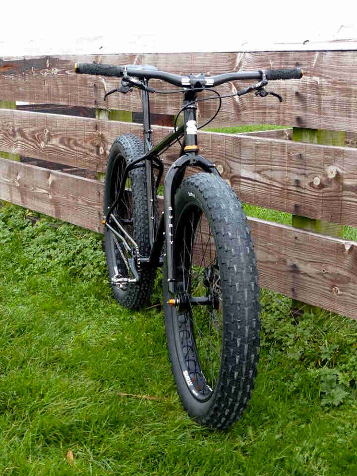 Front view of a black Surly fat bike, parked in grass, in front of a wood fence