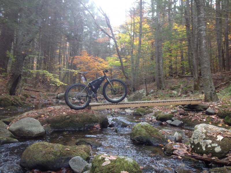 Right side view of a green Surly fat bike with a frame bag, parked on a small wood crossing over a stream in the forest