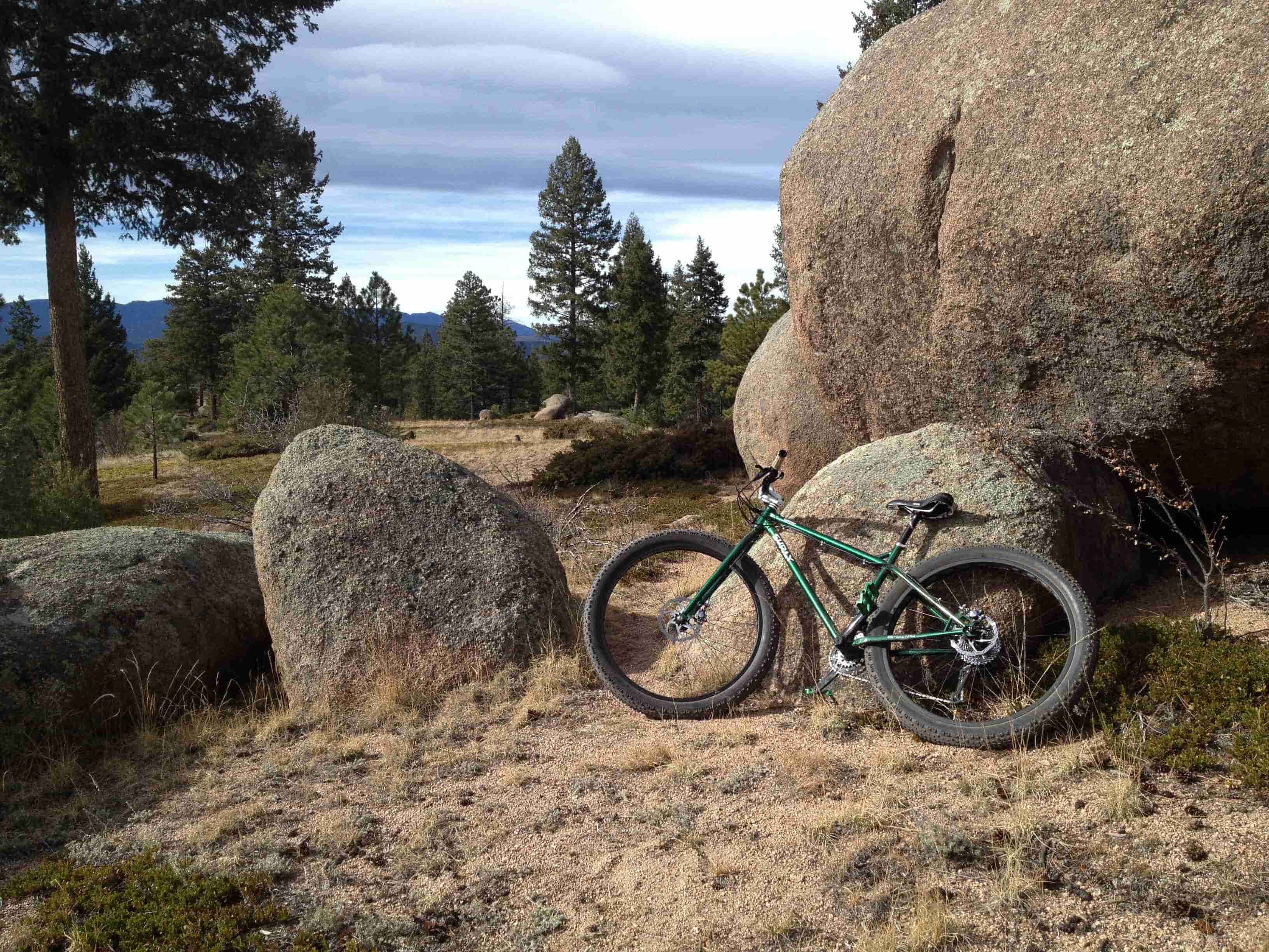 Left side view of a green Surly Krampus bike, leaning on a boulder with larger ones around it, in a forest clearing